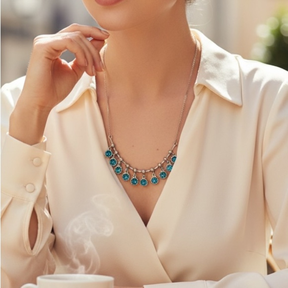 Swarovski  Dark Teal Aqua Blue Crystal Statement Bib Necklace Silver NWT